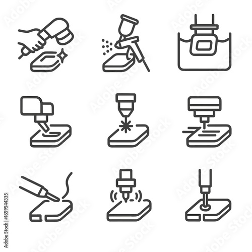 Plastic Finishing Icons. Outline icon set of plastic part finishing: polishing, painting, plating, labeling, engraving, printing,