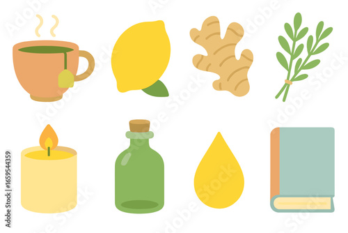 Wellness Icons Grid. Flat vector mini-illustrations wellness morning routine in colors children's
