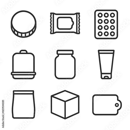 Plastic Packaging Icons. Outline icon set of plastic packaging: bottle cap, shrink wrap, blister pack, clamshell, jar, tube, pouch