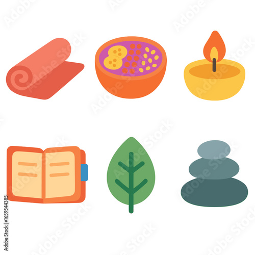 Wellness Icons Grid. Flat vector mini-illustrations Lifestyle and wellness sharing in colors children's