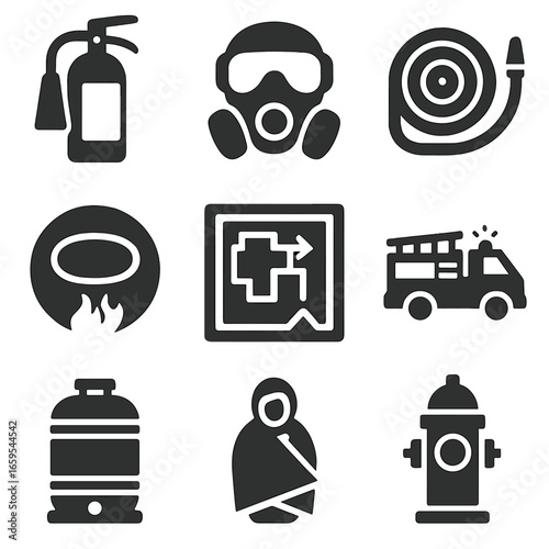 Wildfire Emergency Icons. Solid, filled icons set of wildfire emergency supplies: fire extinguisher, mask,