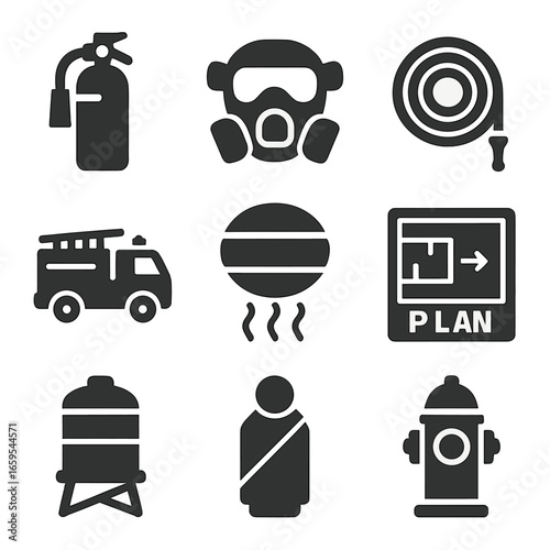 Wildfire Emergency Icons. Solid, filled icons set of wildfire emergency supplies: fire extinguisher, mask,
