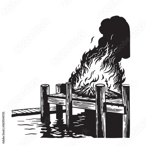 Black and white illustration of a burning dock with flames reaching into the sky