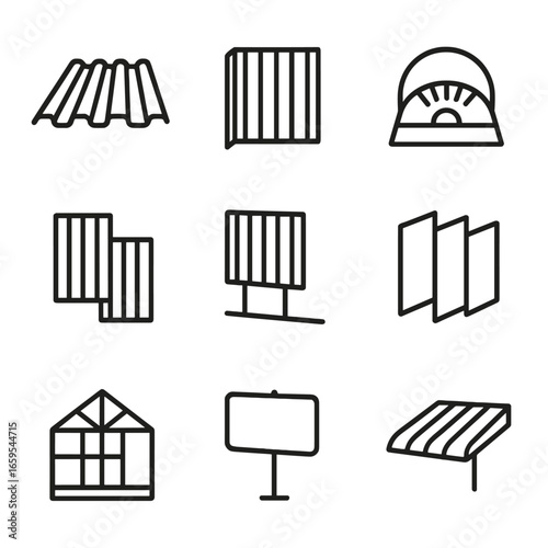 Polycarbonate Icons Set. Outline icon set of polycarbonate construction materials: roofing sheet, wall panel, skylight, partition,