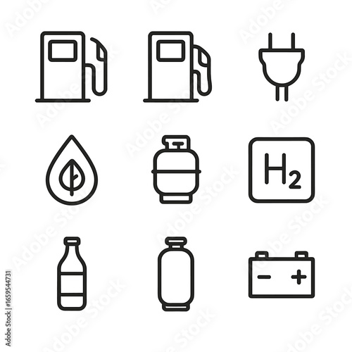 Engine Fuel Icons. Outline icon set of engine fuel types: gasoline pump, diesel pump, electric plug, biofuel droplet, LPG tank,