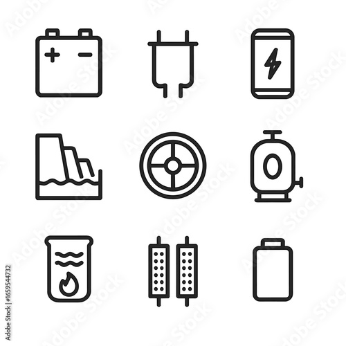 Energy Storage Icons. Outline icon set of energy storage: battery, capacitor, power bank, hydro storage, flywheel, compressed air,