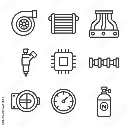 Engine Performance Icons. Outline icon set of engine performance and tuning: turbocharger, intercooler, exhaust manifold, fuel