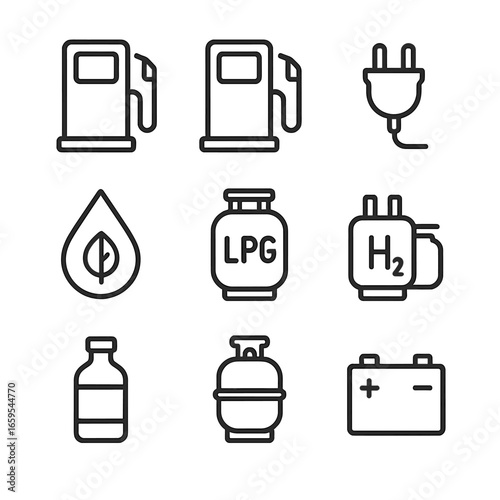 Engine Fuel Icons. Outline icon set of engine fuel types: gasoline pump, diesel pump, electric plug, biofuel droplet, LPG tank,