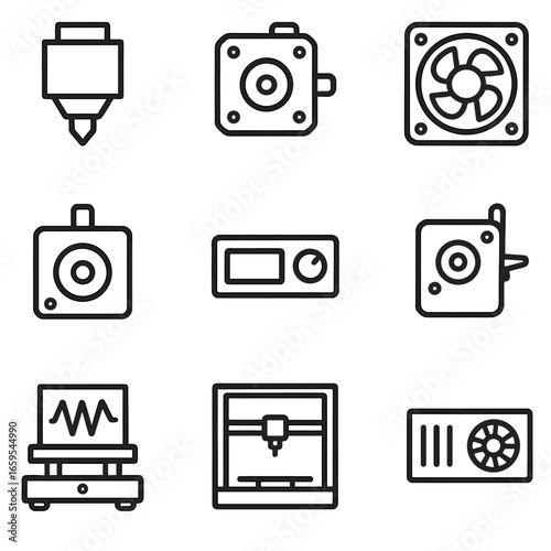3D Printer Components. Outline icon set of 3D printer components: print nozzle, extruder motor, cooling fan, stepper motor,