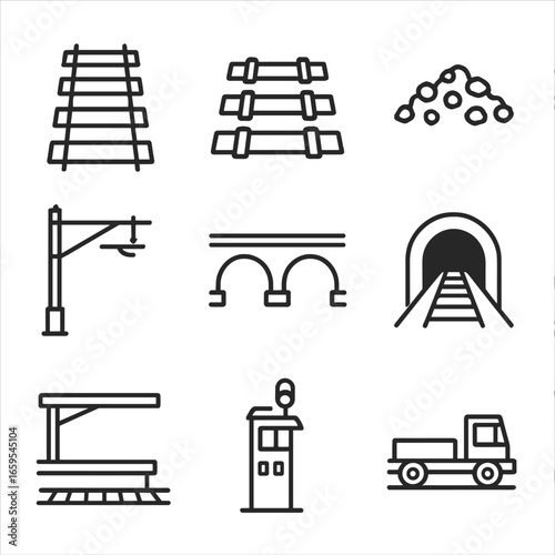 Rail Infrastructure Icons. Outline icon set of rail infrastructure: railroad track, sleeper ties, ballast, overhead catenary,