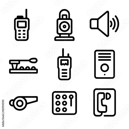 Rail Communication Icons. Outline icon set of rail communication devices: radio handset, signal lamp, loudspeaker, telegraph,