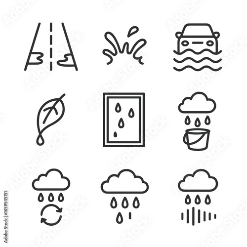 Rain Effects Icons. Outline icon set of rain effects: wet road, water splash, flooded street, dripping leaf, rain on window, rain