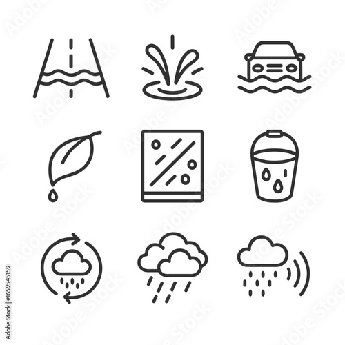 Rain Effects Icons. Outline icon set of rain effects: wet road, water splash, flooded street, dripping leaf, rain on window, rain