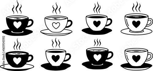 Six steaming coffee cups with hearts saucer

