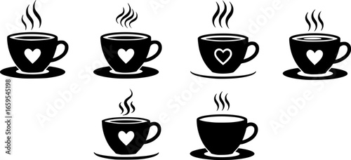 Six steaming coffee cups with hearts saucer
