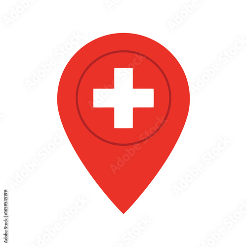 Red location pin with white medical cross symbol for healthcare or emergency services vector