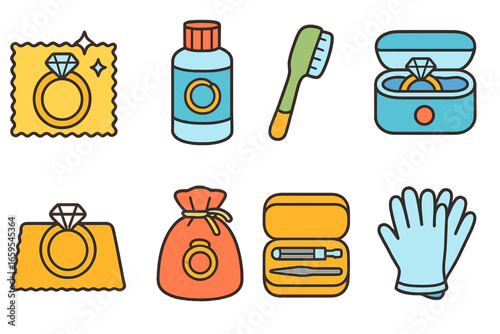Ring Care Essentials. Flat vector mini-illustrations ring cleaning and care in colors children's illustrations: polishing cloth,