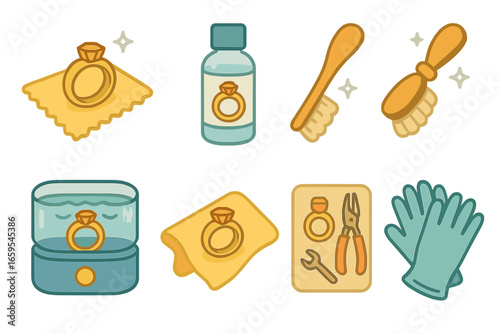 Ring Care Essentials. Flat vector mini-illustrations ring cleaning and care in colors children's illustrations: polishing cloth,