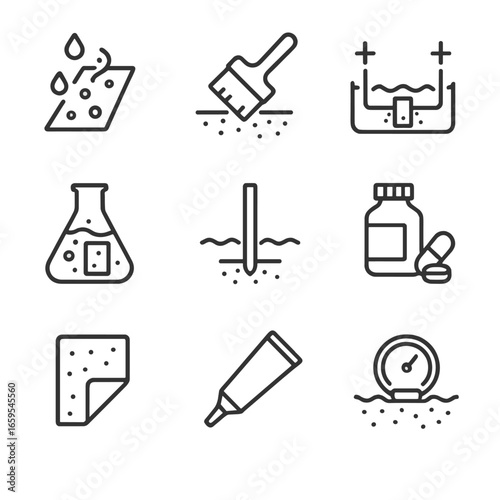 Rust Safety and Protection Icons. Outline icon set of rust safety hazards: sharp edges, broken metal, falling debris, structural