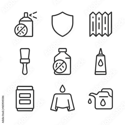 Rust Prevention Icons. Outline icon set of rust prevention: rust inhibitor spray, protective coating, galvanized metal, paintbrush