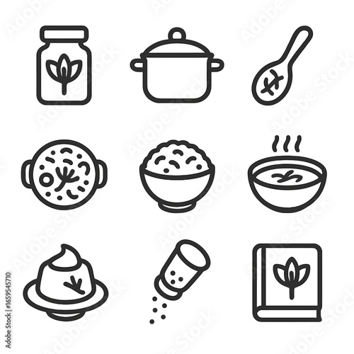 Saffron Cooking Icons. Outline icon set of saffron cooking: spice jar, cooking pot, spoon, paella dish, rice bowl, soup, dessert