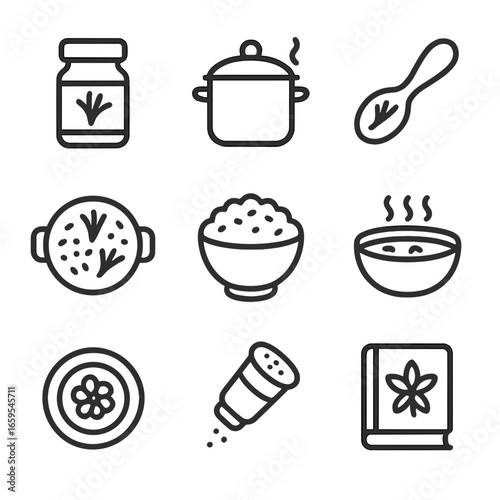 Saffron Cooking Icons. Outline icon set of saffron cooking: spice jar, cooking pot, spoon, paella dish, rice bowl, soup, dessert