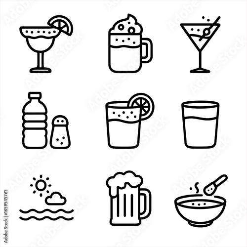 Salty Drinks Icons. Outline icon set of salty drinks: salted margarita, salted caramel latte, briny cocktail, saline water, salted