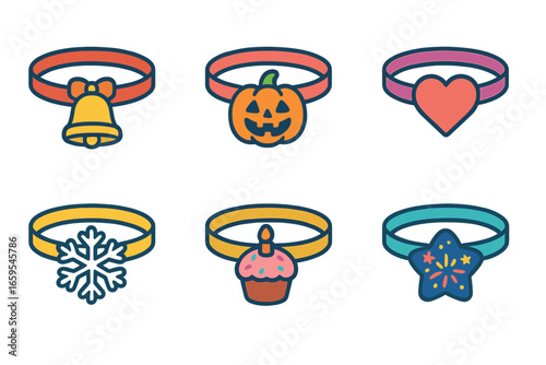 Festive Bracelet Icons. Flat vector mini-illustrations holiday bracelets in colors children's illustrations: Christmas bell