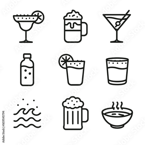 Salty Drinks Icons. Outline icon set of salty drinks: salted margarita, salted caramel latte, briny cocktail, saline water, salted