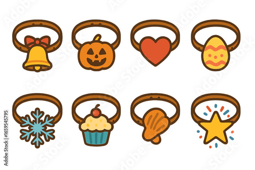 Festive Bracelet Icons. Flat vector mini-illustrations holiday bracelets in colors children's illustrations: Christmas bell