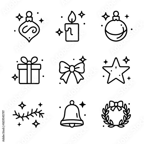 Festive Icon Set. Outline icon set of shiny festive items: glittering ornament, sparkling candle, shiny bauble, polished gift box,