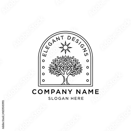 Elegant line art logo featuring an acoustic guitar, radiating light, within an arched frame, perfect for a music company.