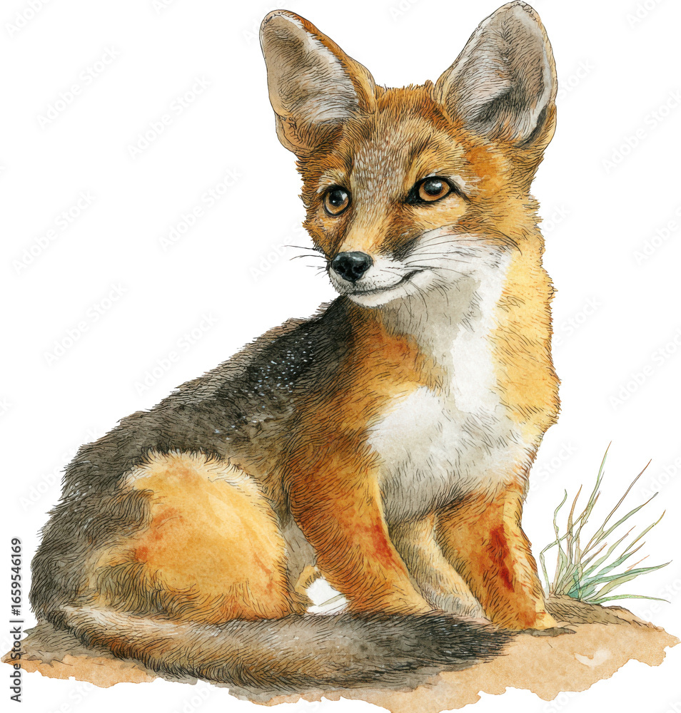 Fototapeta premium Alert fox sits attentively amidst dry grass showing detailed fur texture and expressive eyes Watercolor PNG