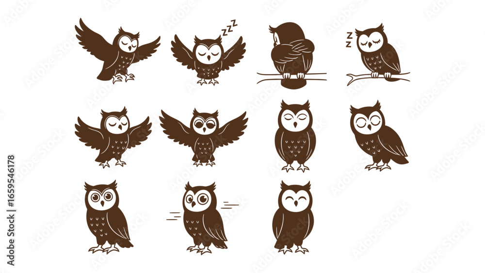 Fototapeta premium Owl Collection: A charming collection of various owls displaying different poses, each with a unique expression in a seamless and inviting illustration.