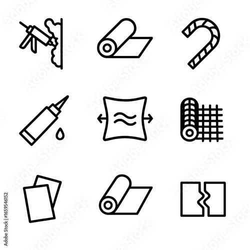 Flexible Construction Icons. Outline icon set of flexible construction materials: expandable foam, flexible insulation, bendable