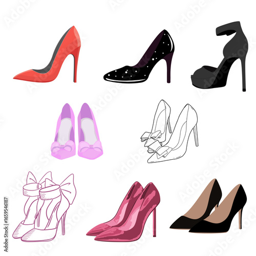 set of fashionable women shoes with heels vector illustration.