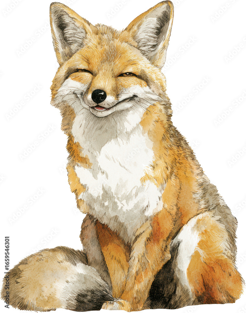 Obraz premium Joyful sitting fox figurine with closed eyes and smiling face detailed wildlife art Watercolor PNG