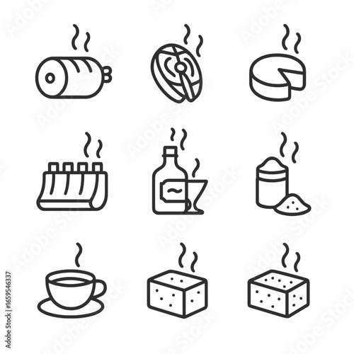 Smoky Food Icons. Outline icon set of smoky food and drinks: smoked meat, smoked salmon, smoked cheese, smoked cocktail, barbecue