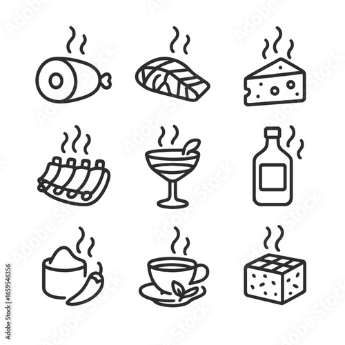 Smoky Food Icons. Outline icon set of smoky food and drinks: smoked meat, smoked salmon, smoked cheese, smoked cocktail, barbecue
