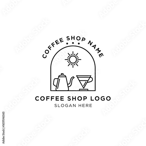 Elegant line art logo featuring an acoustic guitar, radiating light, within an arched frame, perfect for a music company.