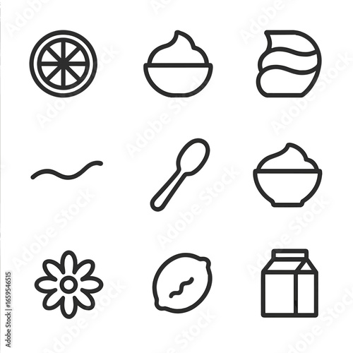 Sour Cream Icon Set. Outline icon set of sour cream flavor profile: tangy, creamy, rich, smooth, thick, mild, fresh, sour, dairy.