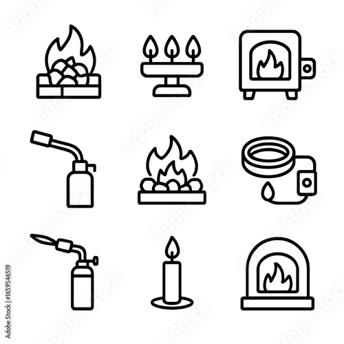 Forge Heat Icons. Outline icon set of forge heat sources: charcoal fire, gas burner, electric furnace, propane torch, coal bed,