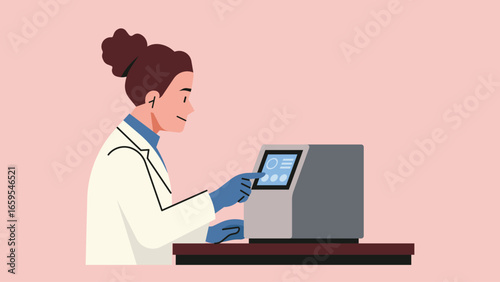 Female laboratory scientist in lab coat and gloves operating PCR machine touchscreen for genetic analysis and medical research process. Flat vector illustration
