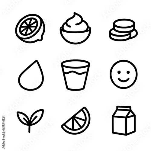 Sour Cream Icon Set. Outline icon set of sour cream flavor profile: tangy, creamy, rich, smooth, thick, mild, fresh, sour, dairy.