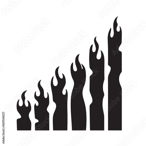 Black flame silhouettes depicting a gradual rise representing growth and progress on white backdrop