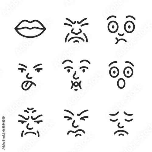 Sour Taste Icons. Outline icon set of sour taste reactions: puckered lips, scrunched nose, wide eyes, tongue out, raised eyebrows,