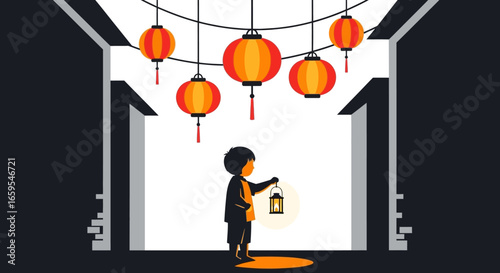 A child holding a lantern in a Chinese alleyway with hanging lanterns.
