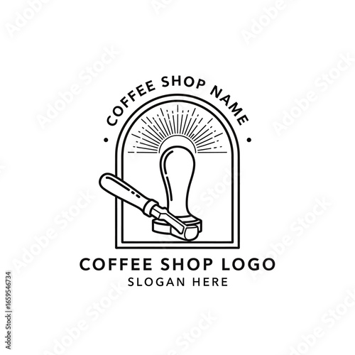 Elegant line art logo featuring an acoustic guitar, radiating light, within an arched frame, perfect for a music company.