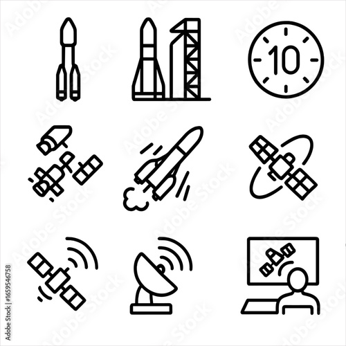 Galileo Launch Icon Set. Outline icon set of Galileo satellite launches: rocket, launch pad, countdown, satellite deployment,