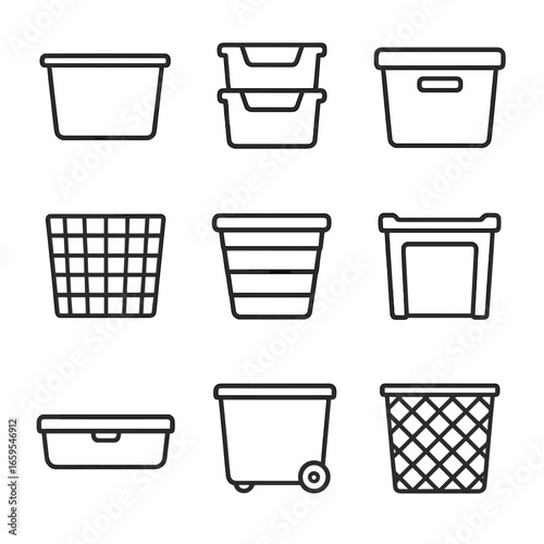 Storage Bin Icons. Outline icon set of storage bins: plastic bin, stackable bin, lidded bin, wire bin, collapsible bin, heavy-duty